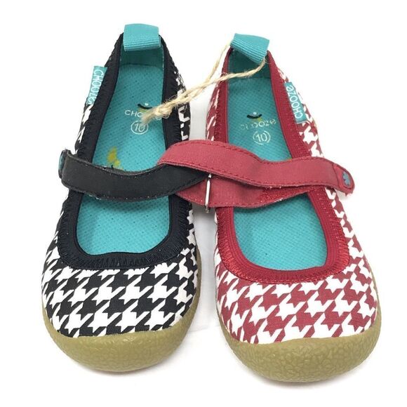 NWT Chooze Girls Houndstooth Black Red White Mary Jane Size 10 Flats - Picture 1 of 2